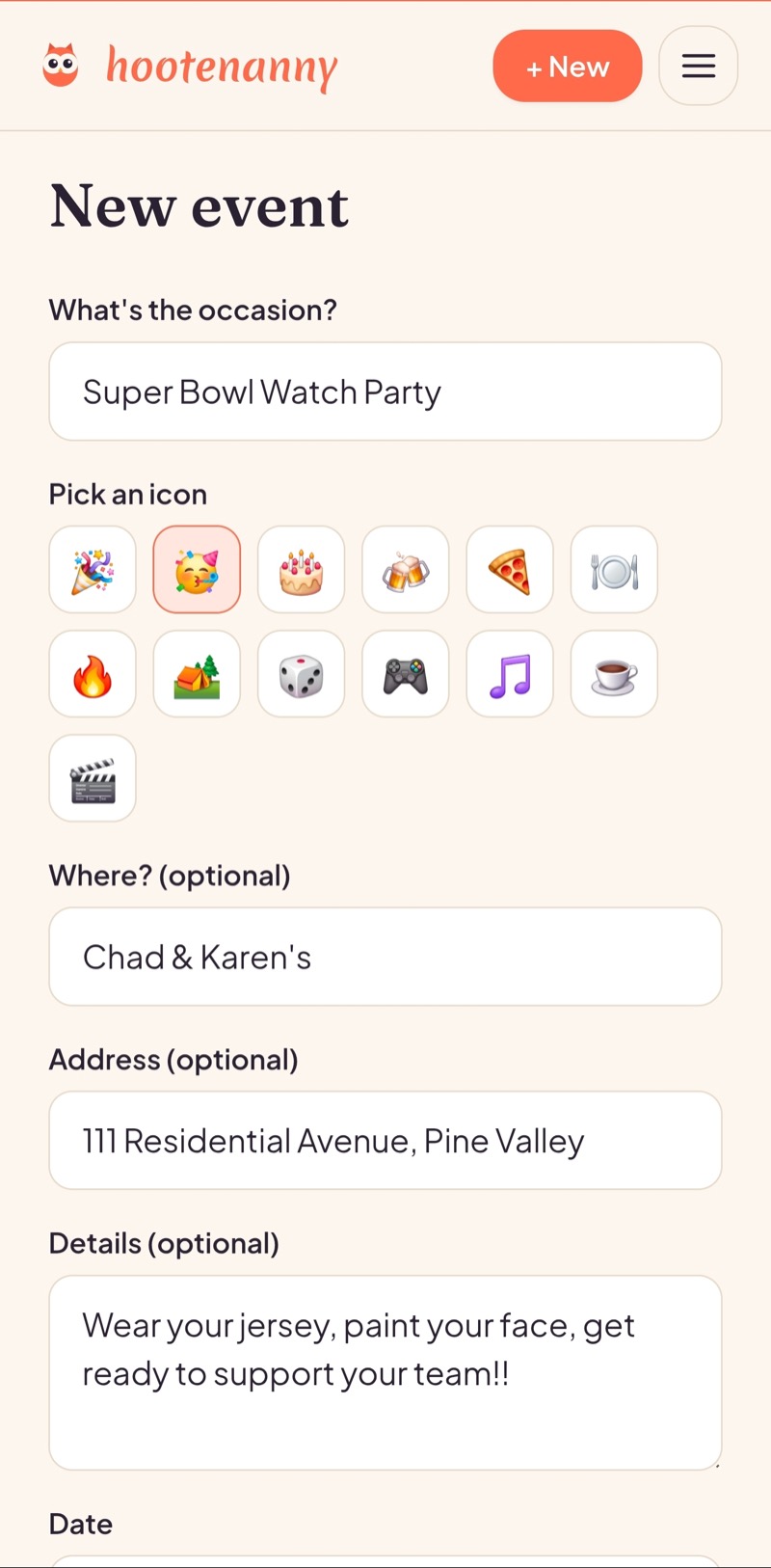 Creating a new event in Hootenanny