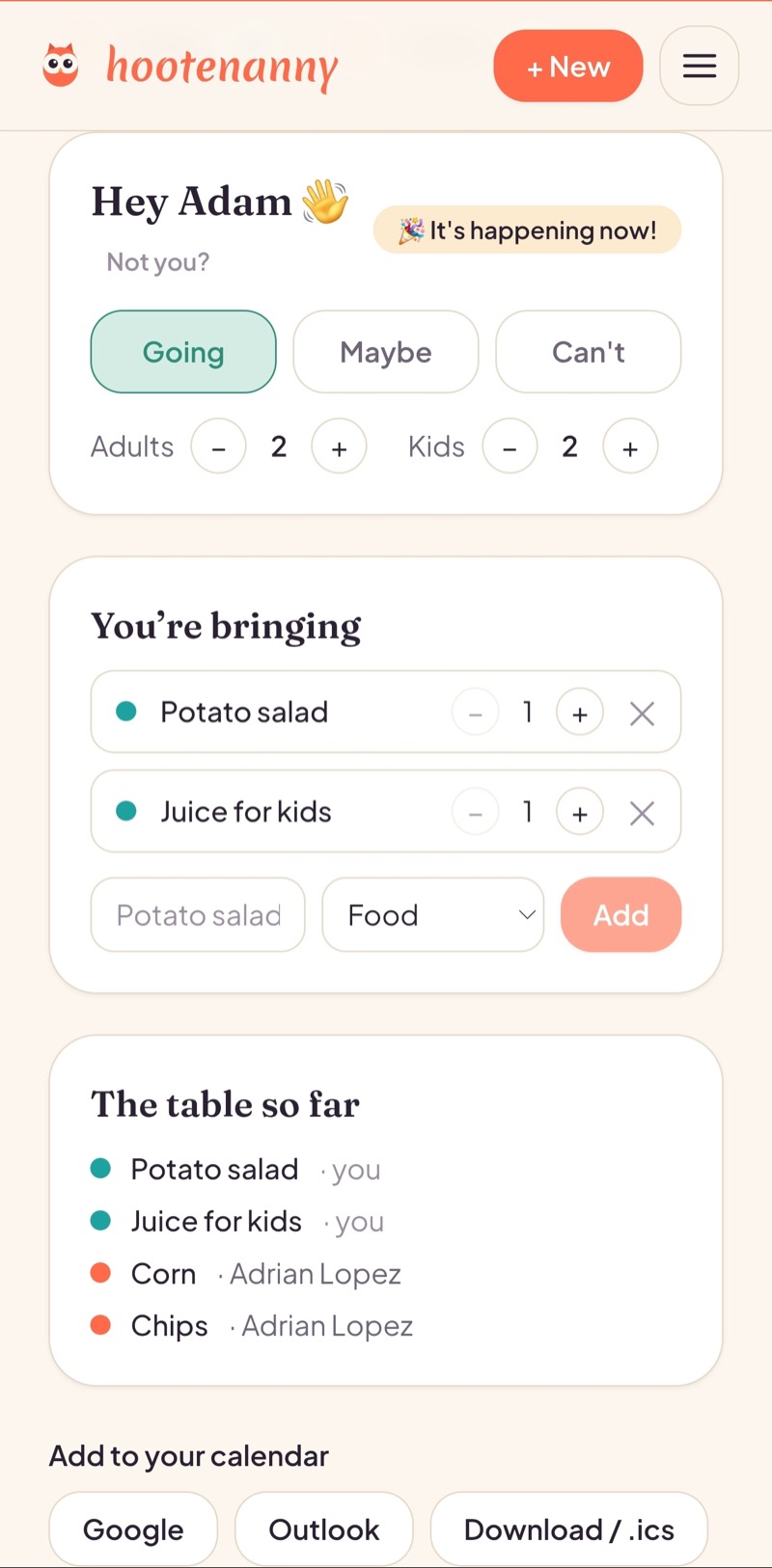 A guest’s RSVP — Going, adult/kid steppers, what they’re bringing, and add-to-calendar buttons
