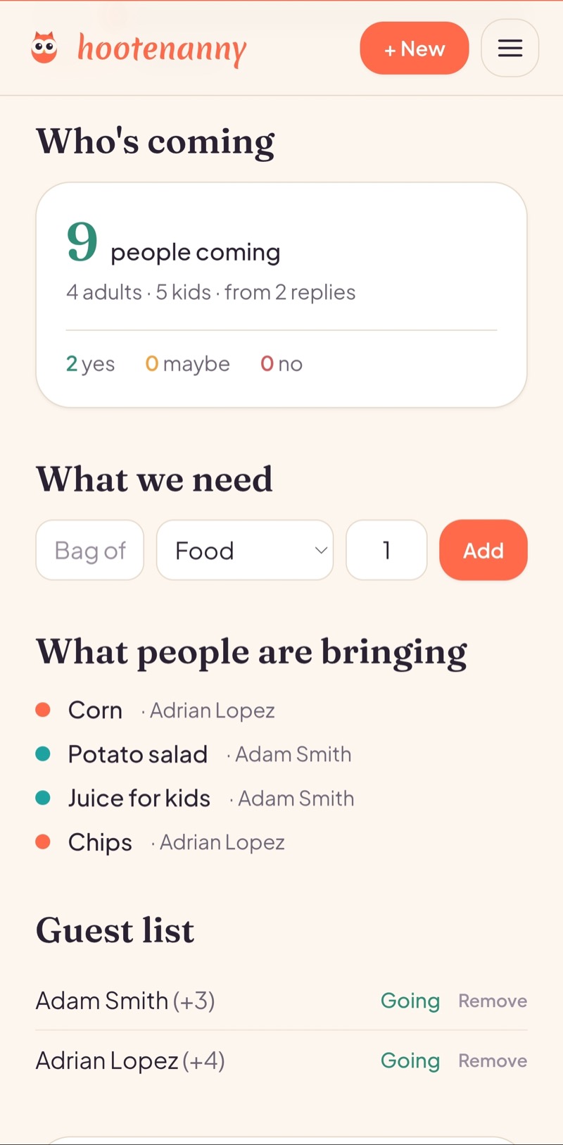 The host view — who’s coming with an adults and kids headcount, what’s needed, and who’s bringing what